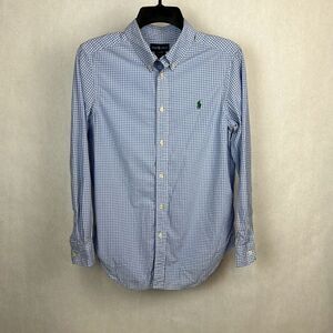 Ralph Lauren Boys Button Front Shirt Sz Large 14-16 Blue White Checked Plaid Lon